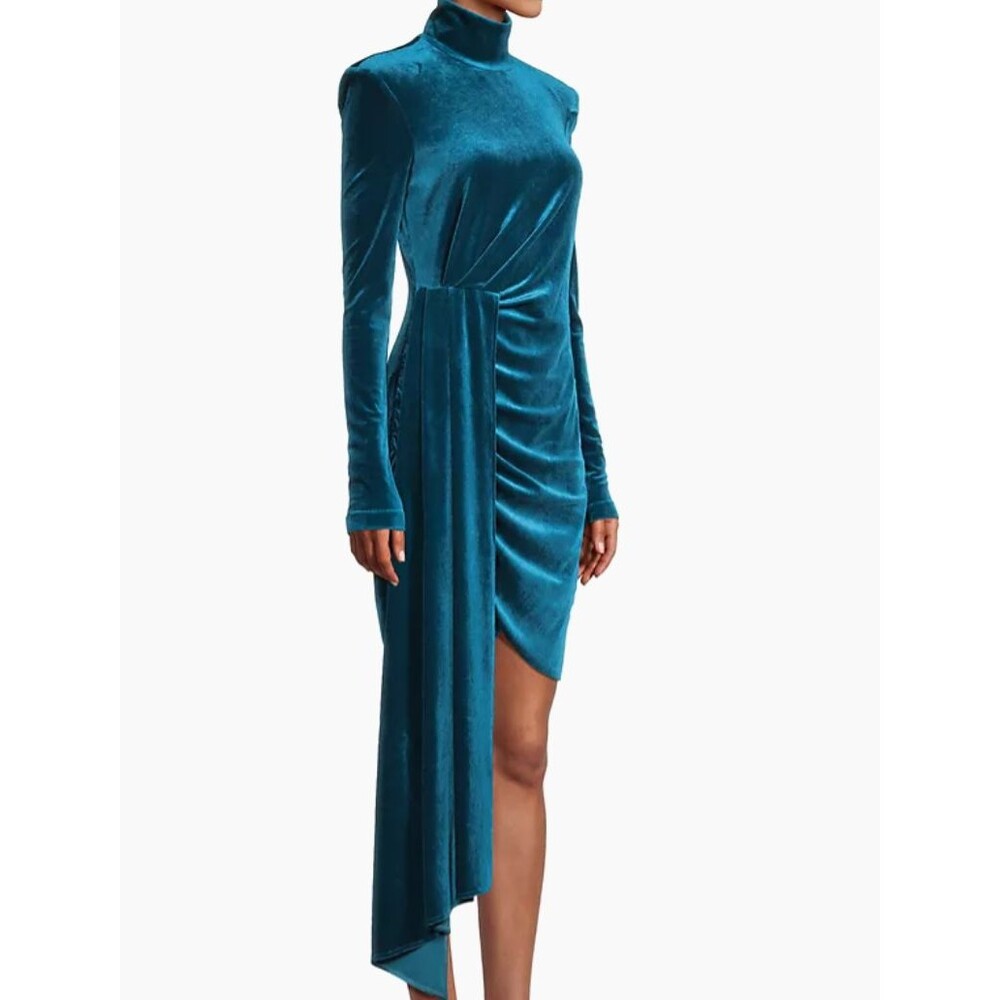 One33 Social  Side-Drape Velvet Long-Sleeve Minidress Blue-Green "Peacock" Sz 4